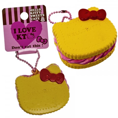 Gantungan Kunci Hello Kitty Squishy seri Sweets Cafe - Biskuit bentuk Muka Stroberi Krim